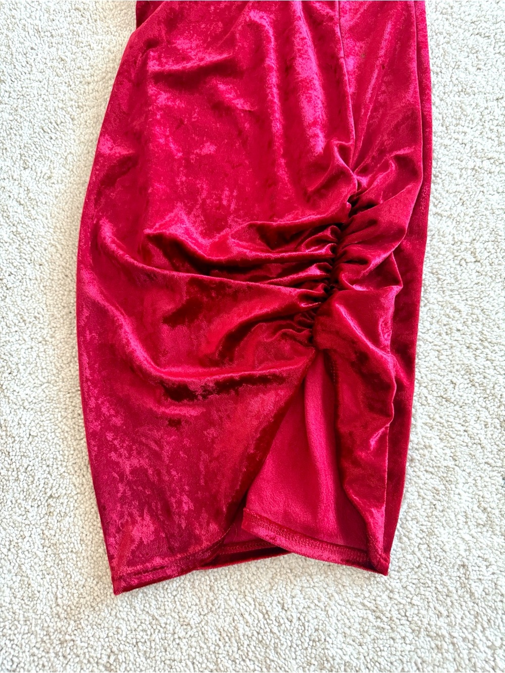 Red Velvet Spaghetti Strap Ruched Bodycon Mini Dress - Picture 3 of 7